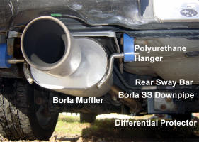  Underside of car showing Borla muffler, Borla Stainless Steel downpipe, Polyurethane exhaust hangers, Differential protector and Rear Sway Bar. (all aftermarket).