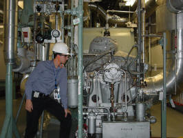 Inspecting a pump inside the plant.
