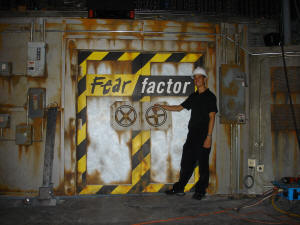 Sam Barros in front of the doors for Universal Studios' "Fear Factor Live" attraction.