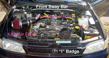  Under the hood: Sway Bar, Short Ram Intake, K&N Air Filter, Under Drive Pulley and an European "Impreza" badge.